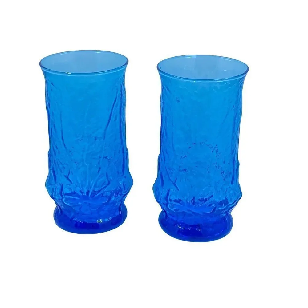 Vintage Anchor Hocking Blue Rain flower 12 oz Glass Tumblers 5 1/2